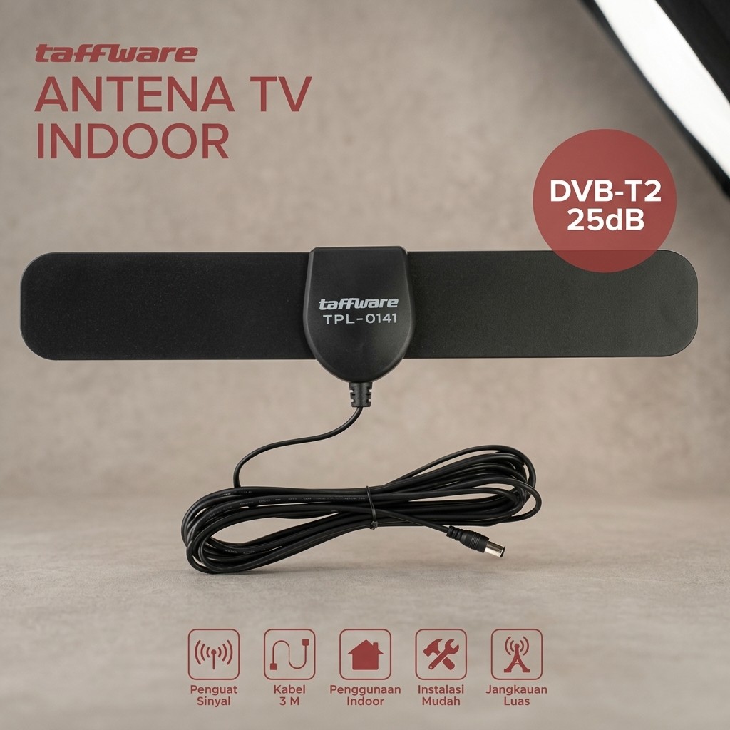 Antena TV Digital Indoor Penguat Sinyal DVB-T2 25dB Taffware Antena TV Tabung Smart TV LED Siaran Je
