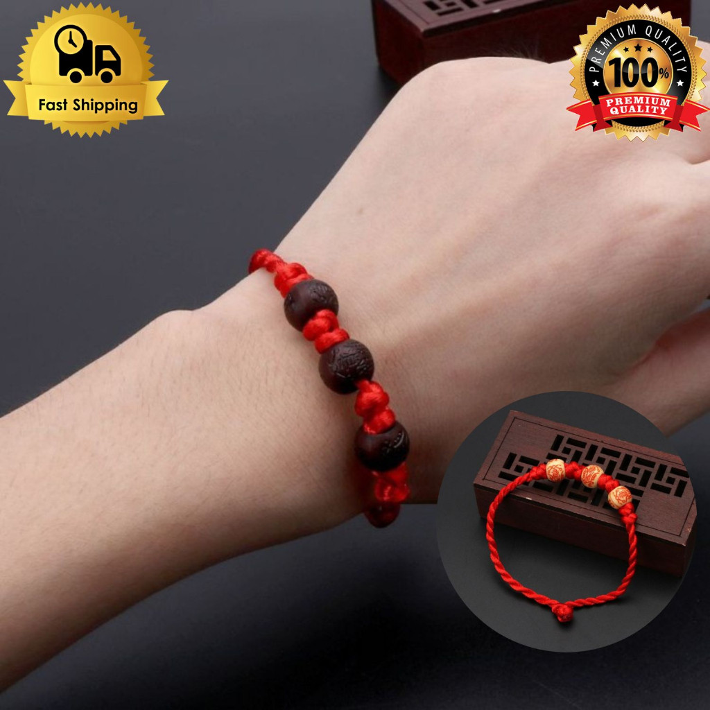 Gelang Tali Merah Keberuntungan Kayu Bulat Huruf Mandarin China G235 | D10