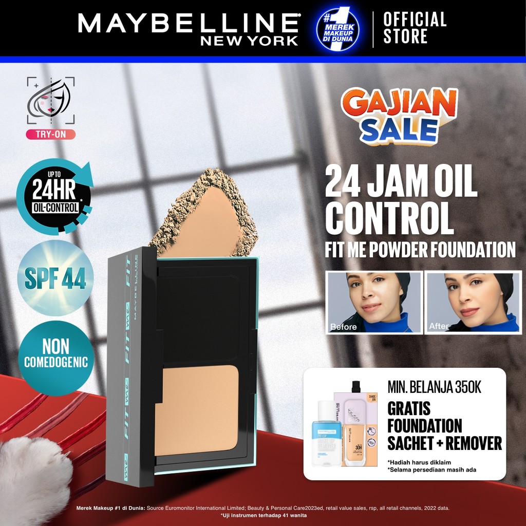 MAYBELLINE OFFICIAL Fit Me 24HR Oil Control Powder Foundation 5 gr Make up Bedak Two Way Cake TWC SP