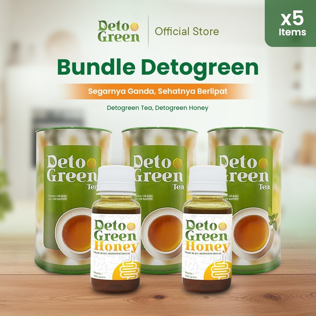 DrinkMate DetoGreen Tea & DetoGreen Honey Paket Super Hemat 3 Teh dan 2 Madu untuk Detox Usus 5 PCS