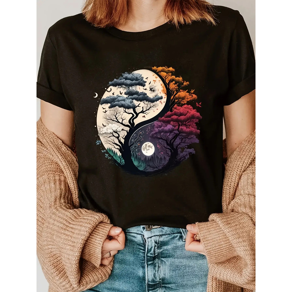 Women's Casual Short Sleeve TShirtYinYang Tree Geometric Print Breathable Round Neck Top, SemiSheer 