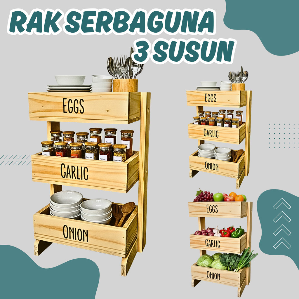 Rak bawang kayu 3 susun / Rak dapur / Rak kosmetik/ Rak perkakas/ Rak bawang
