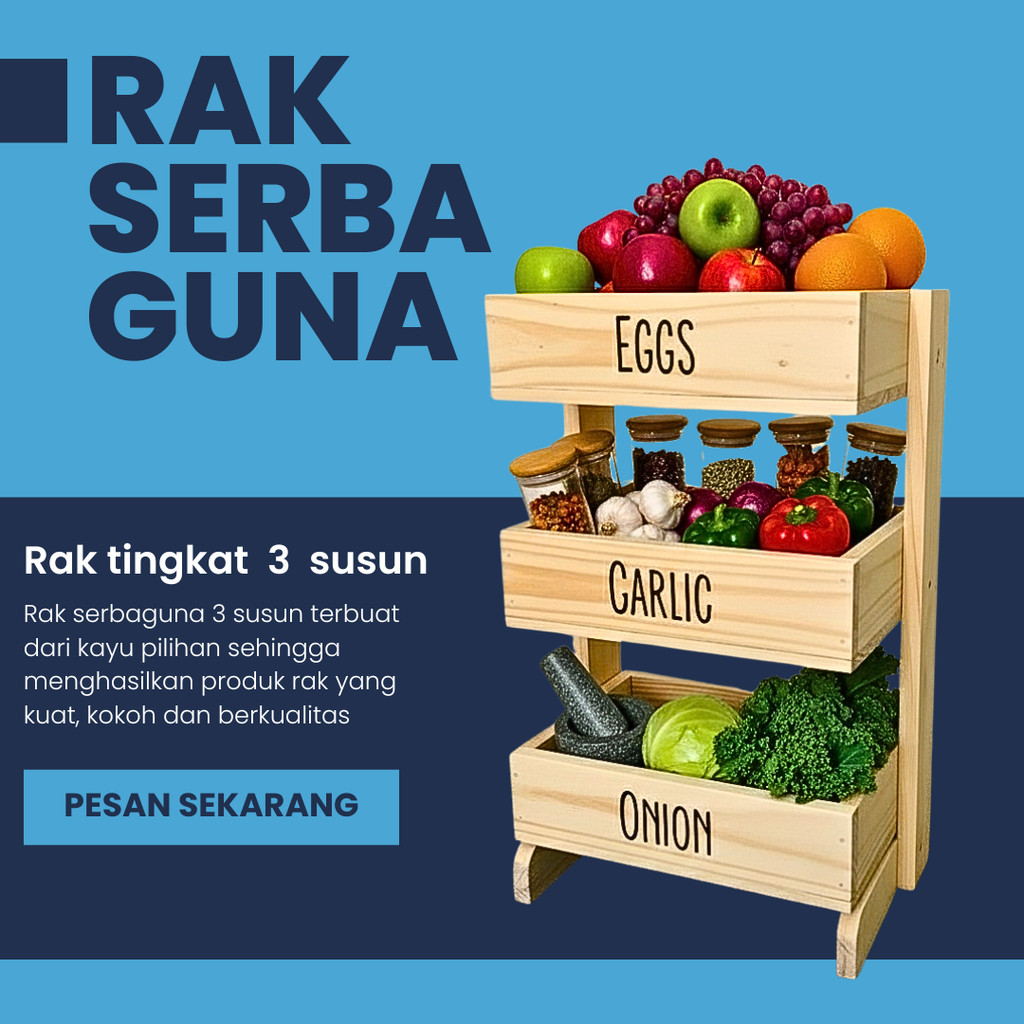 Rak bawang kayu 3 susun / Rak dapur / Rak kosmetik/ Rak perkakas/ Rak bawang