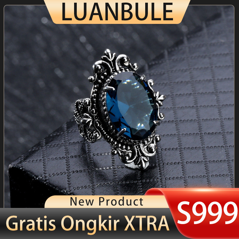 LUANBULE Cincin Perak S999 Topaz Biru Laut Baru