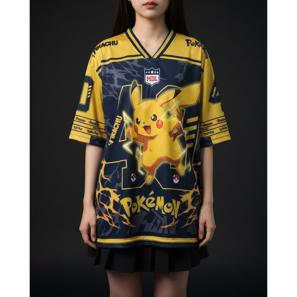 JERSEY PIKACHU VINTAGE RUGBY SOCCER OVERSIZE KAOS BAJU JUMBO XXL LD120 STREETWEAR UNISEX BRANDED