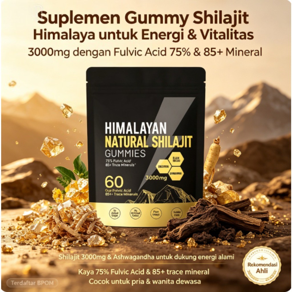 VivoNu Suplemen Gummy Shilajit Himalaya 3000mg & Ashwagandha Kaya 85 Mineral & Fulvic Acid Dukung En