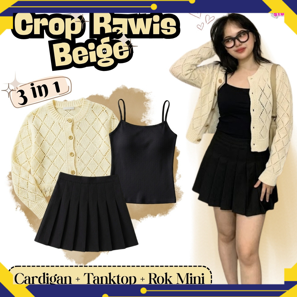 Set 3 in 1 Cardigan Rawis Crop (Cardigan Rawis + Tanktop + Rok Mini) Outfit Stylish, Modish & Elegan