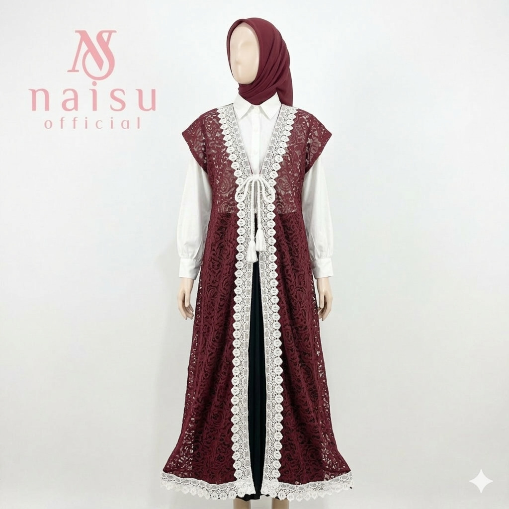 Muthi long outer wanita tanpa lengan brukat  renda bunga putih ZH753