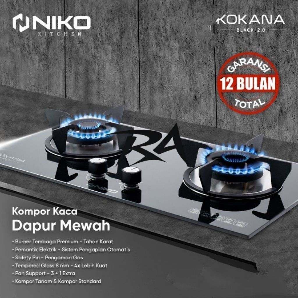III KOMPOR NIKO KOKANA BLACK 2.0 GAS TANAM 2 DUA TUNGKU TEMPERED GLASS KACA LPG ELPIJI STOVE GARANSI
