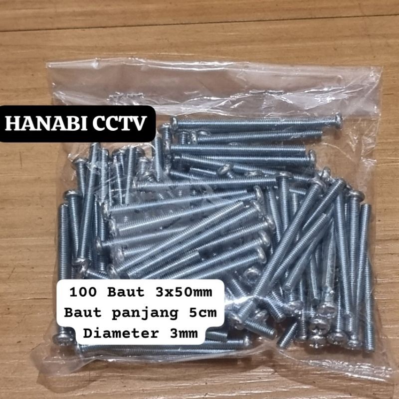 100 Baut 3X50mm Baut JP M3 x Panjang 5cm Diameter 3mm