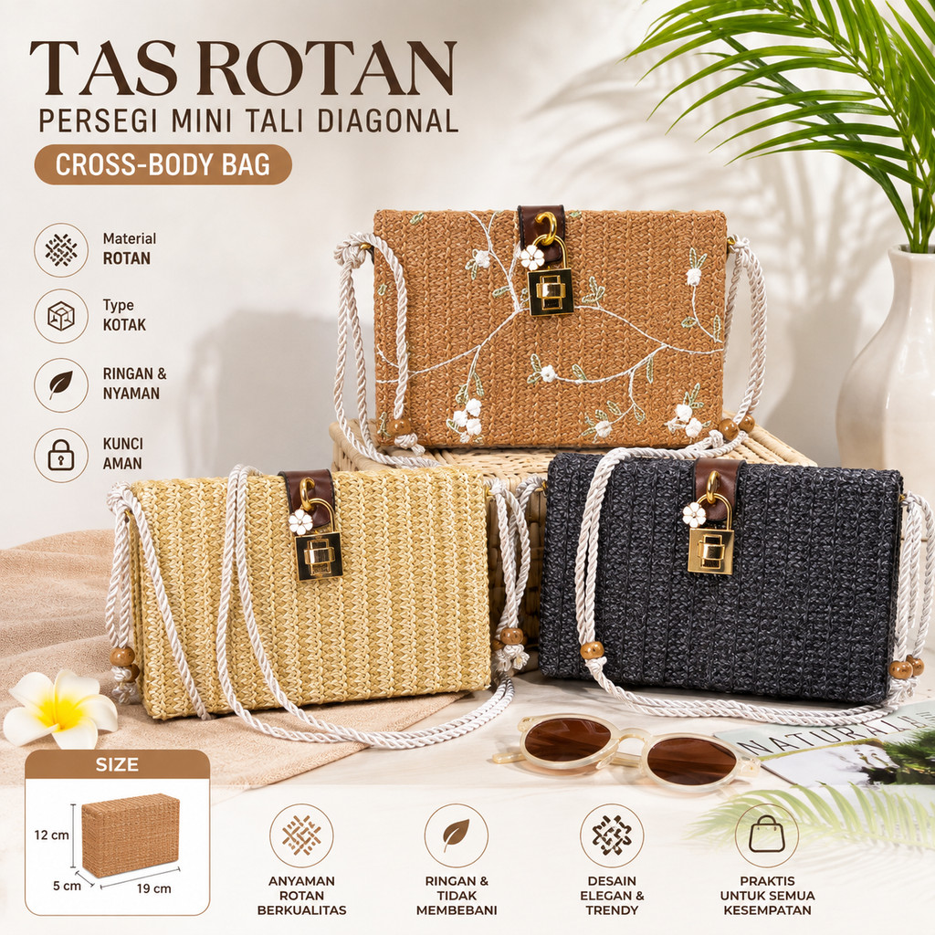 Tas Rotan Kotak 9031 Tas Selempang Wanita Vintage Natural Fashion