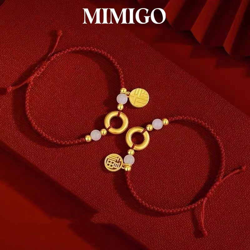 MIMIGO - Gelang Tali Merah Lapis Emas Keberuntungan Liontin Bulat Pasangan Pria Wanita Anyaman O591