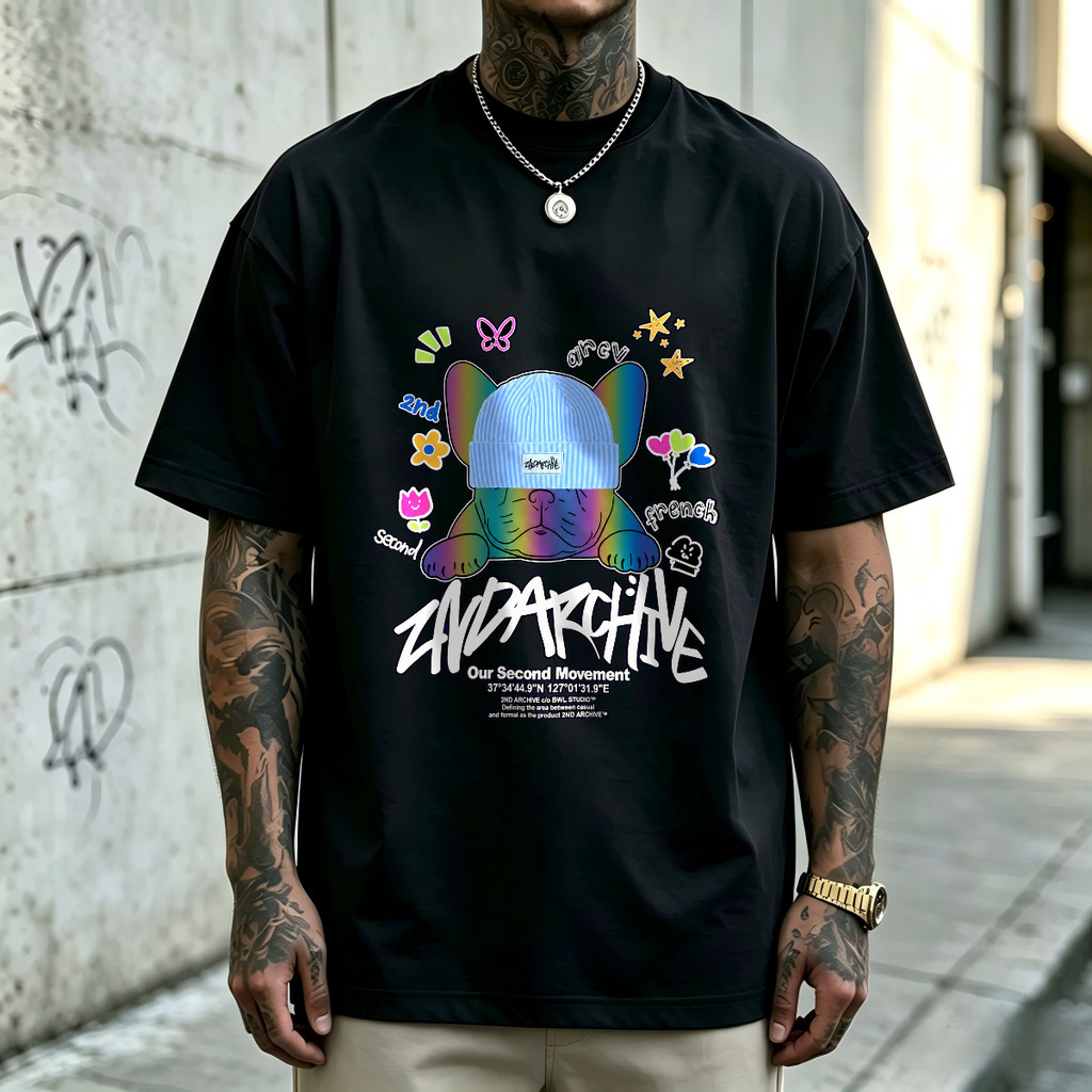 Kaos Pria French Bulldog Neon 2nd Archive Graffiti Warna Hitam, T-Shirt Oversize Unisex Gaya America