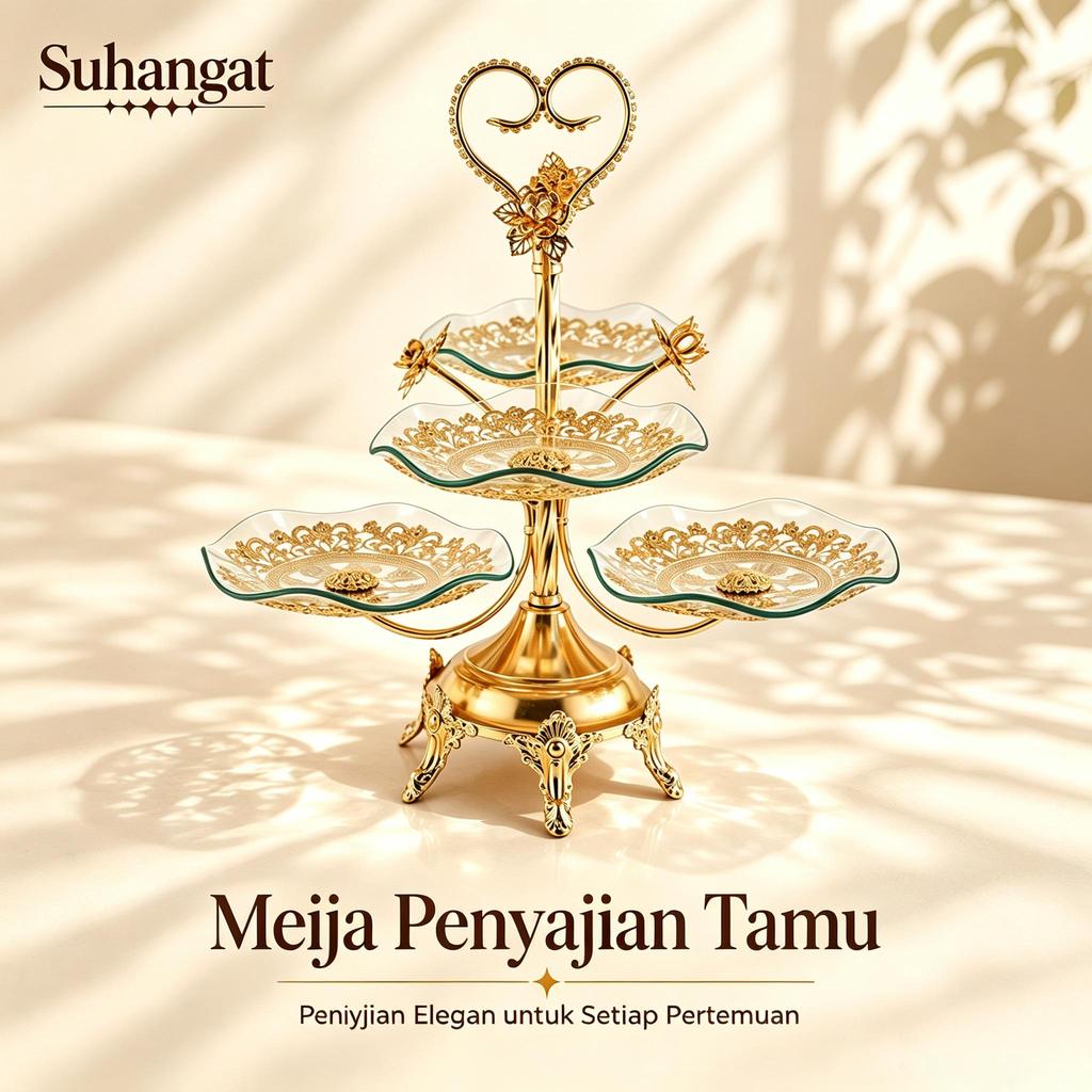 Suhangat Stand Sajian Tamu 4 Piring Bertingkat Emas Hati, Piring Kaca Tempered, Tempat Buah Kurma Ca