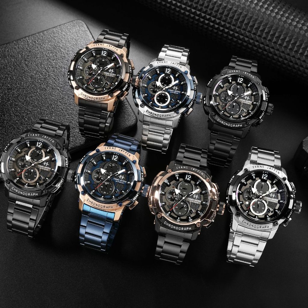 Jam Tangan Evans Jayden Jam Tangan Pria 9617 Rantai Stainless Steel Chronograph Kaca Sapphire Water 