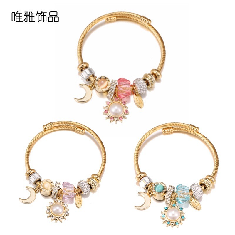 Gelang emas, liontin bulan bunga matahari cerah gelang emas KC, gelang anak perempuan.