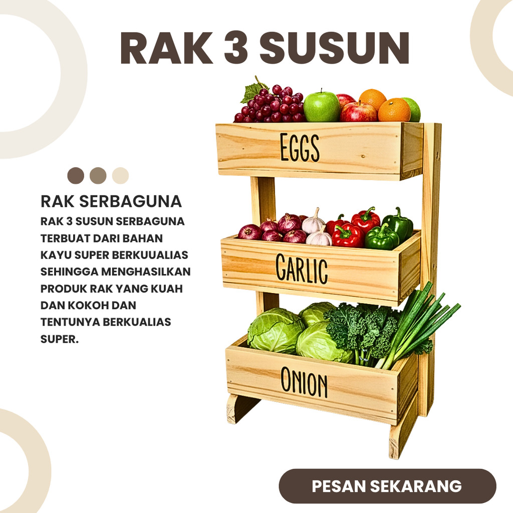 Rak Bawang Kayu 3 Susun / Rak Bumbu Serbaguna