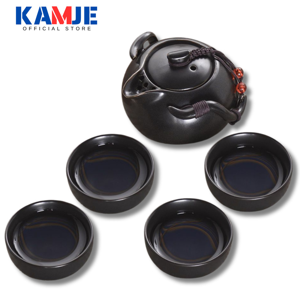 KAMJE Teko Teh Keramik Chinese Teapot Set 4 Gelas Cangkir Elegan Set Minum Teh Oriental Premium
