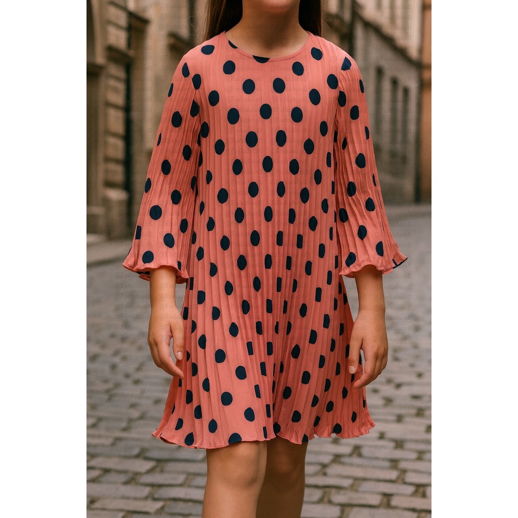 Dress Anak Perempuan Model Plisket Bahan Printing Polkadot