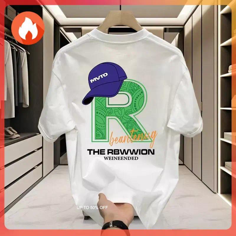 Cotton100% Huruf R Topi Outelts T-Shirt Trendy Dicetak Pria Musim Panas Leher Bulat Kasual Lengan Pe