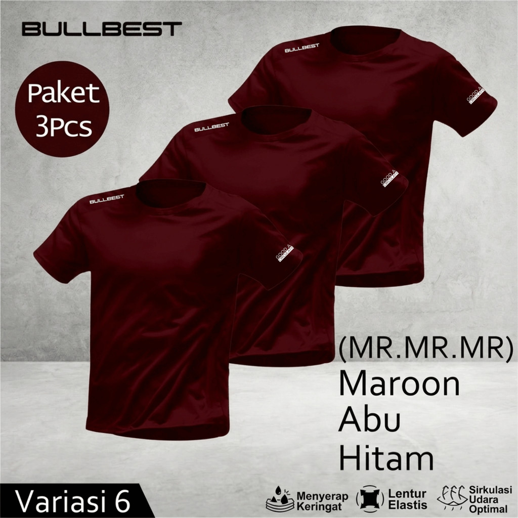 Paket 3 pcs Kaos Baju Olahraga Pria T-Shirt Jersey Lari Bullbest Bahan Dry Fit Breathable Quickdry