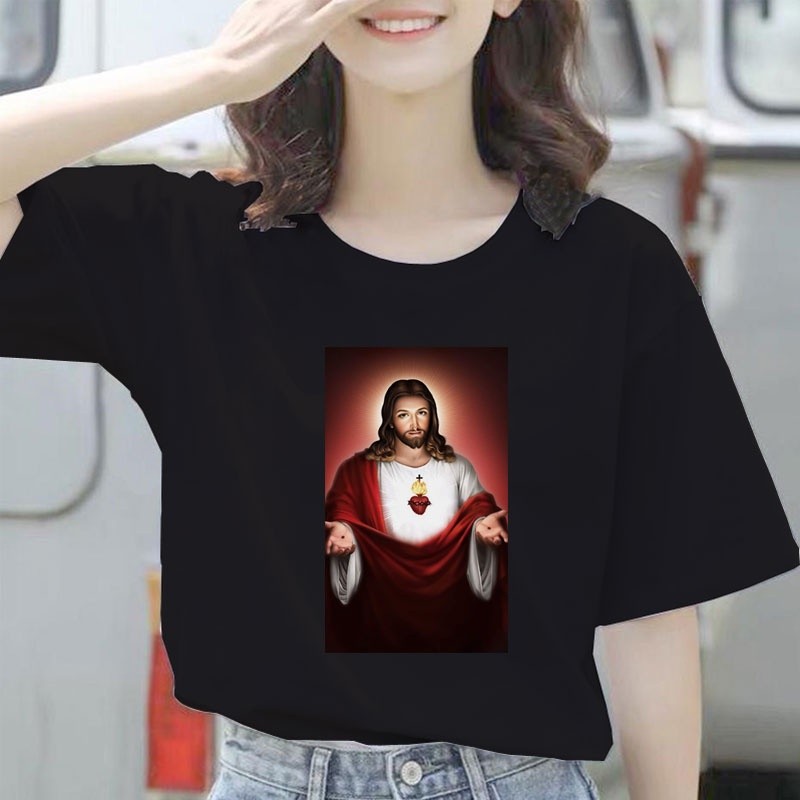 Baju Kaos Rohani Yesus Kristen Keluarga Wanita Jumbo Oversize Lengan Pendek