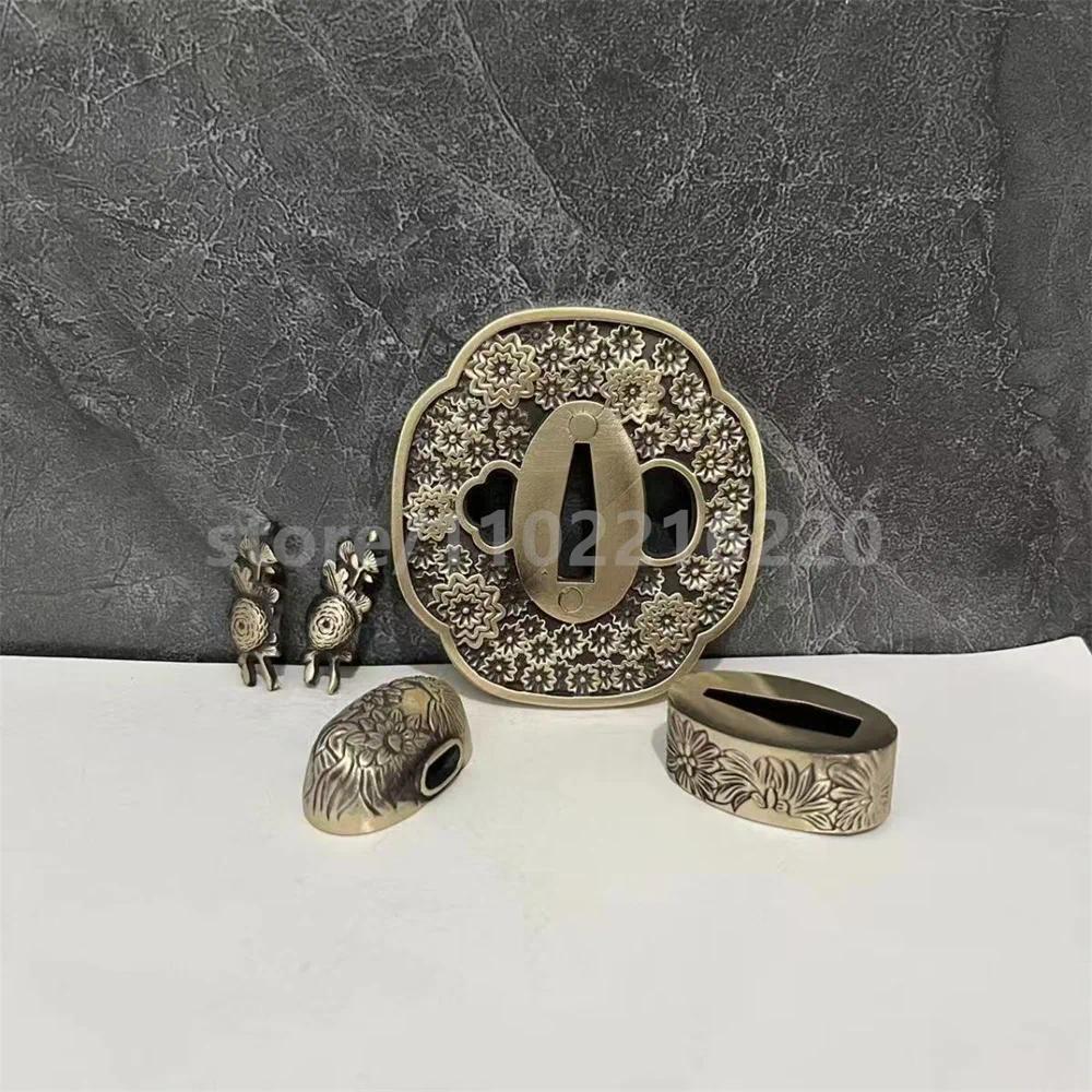 A Set Beautiful Brass Tsuba Handguard Guard Copper Fuchi Kashira Menuki For Real Japanese Japan Samu