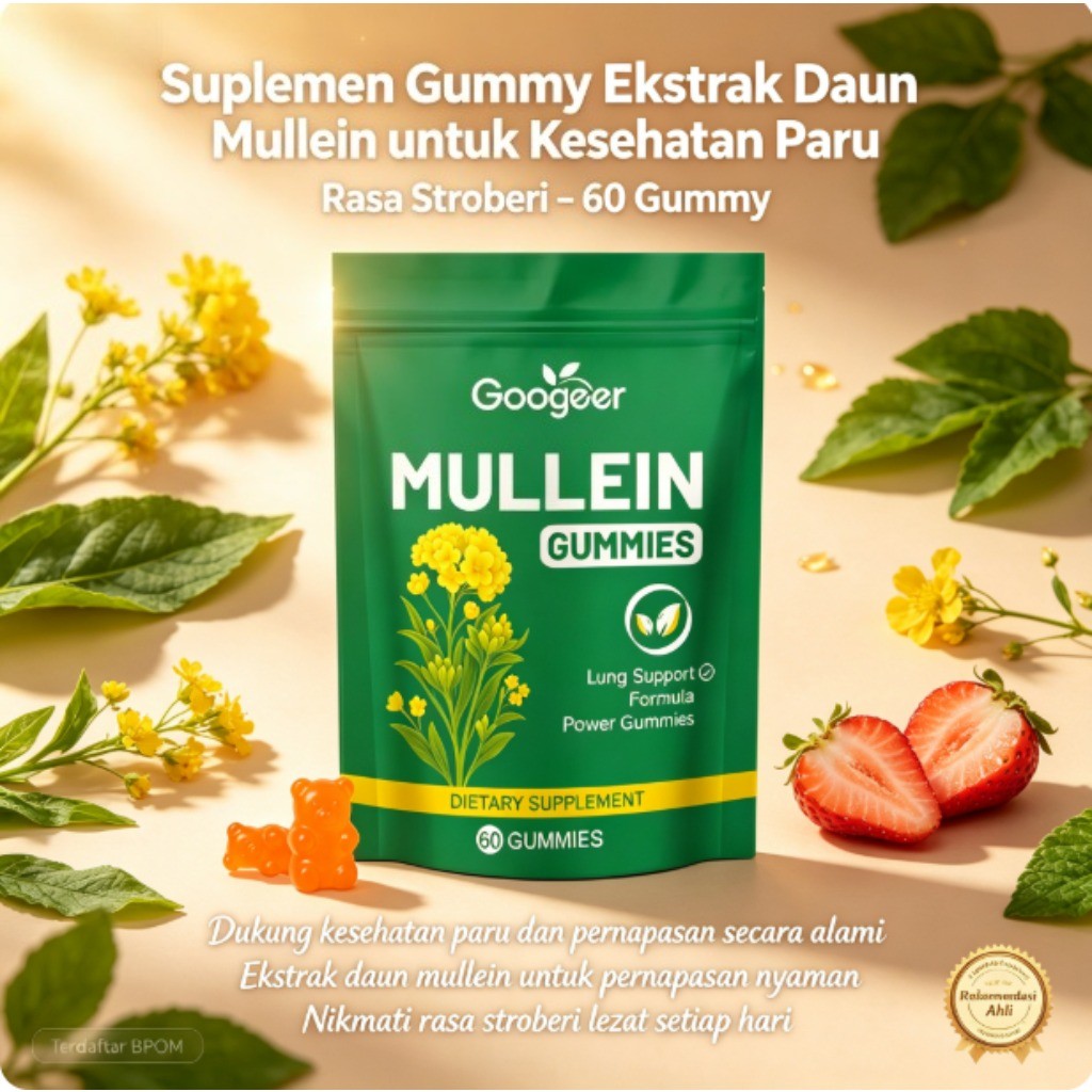 Googleer Mullein Gummies Suplemen Gummy Ekstrak Daun Mullein untuk Dukung Kesehatan Paru & Pernapasa
