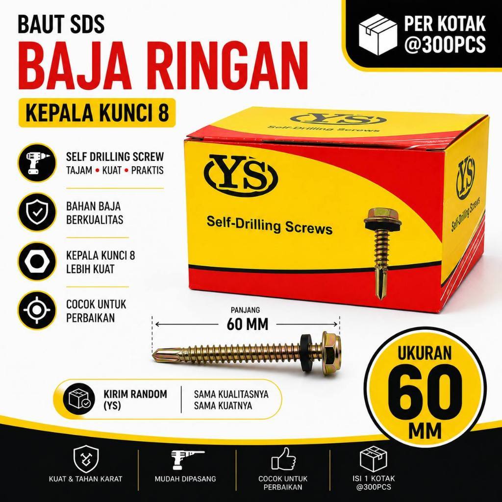 PERKOTAK - Baut SDS Baja Ringan Seng Roofing YS SBS 60 MM / Self Drilling Screw