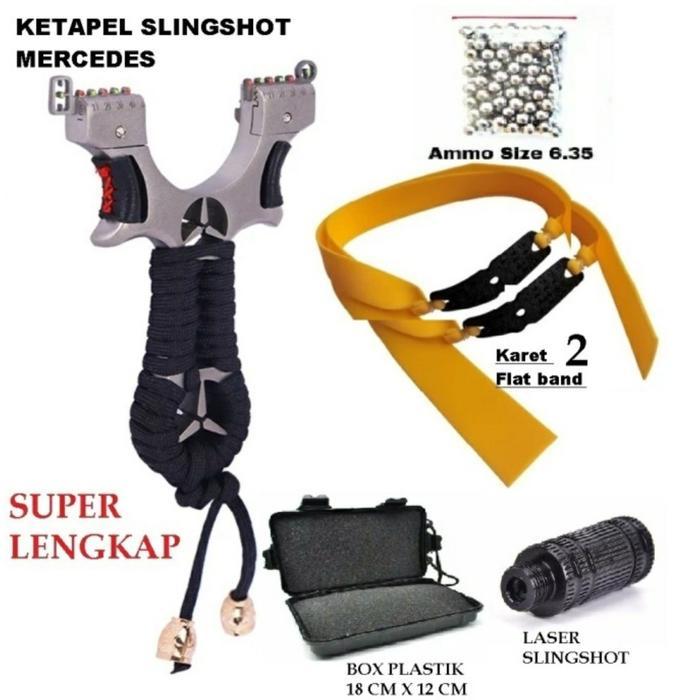 Ketapel Mercedes Komplit karet, laser, kotak, bola besi