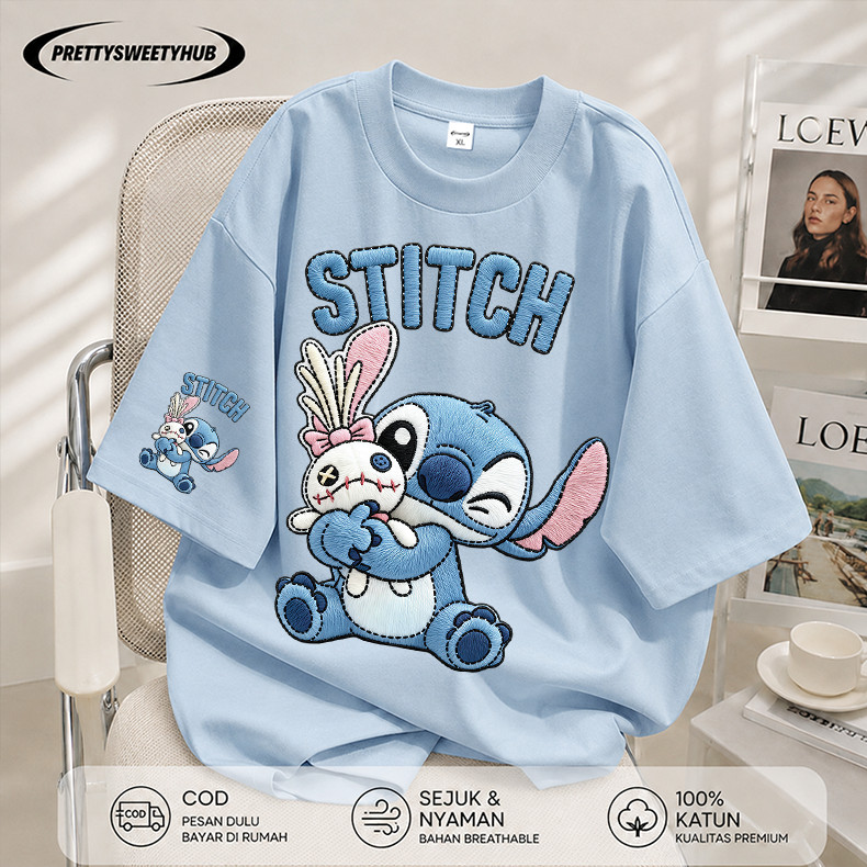 Pretty Sweety Hub - Kaos Wanita Oversize Lengan Pendek Motif Stitch & Bunny Efek Bordir Cute Korean 