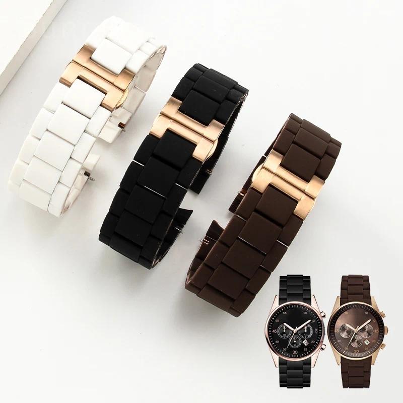 Rubber Silicone Steel Watband for Armani Wat Strap Ar5890 AR5905 AR5906 AR5919 AR5920 AR5858 Male 23