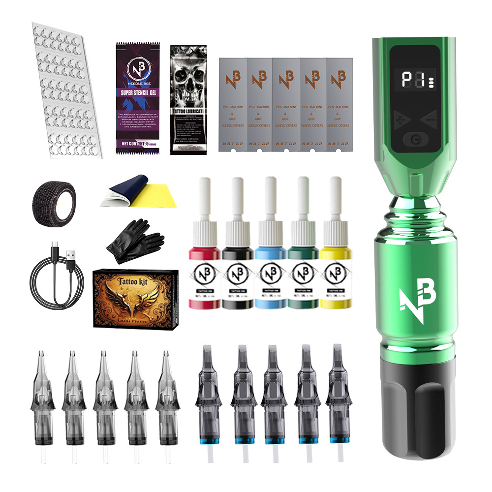Kit Pemula Pena Tato Rotary Nirkabel Hijau NB dengan 5 Warna Tinta Tato, 10 Buah Jarum Cartridge, Ak