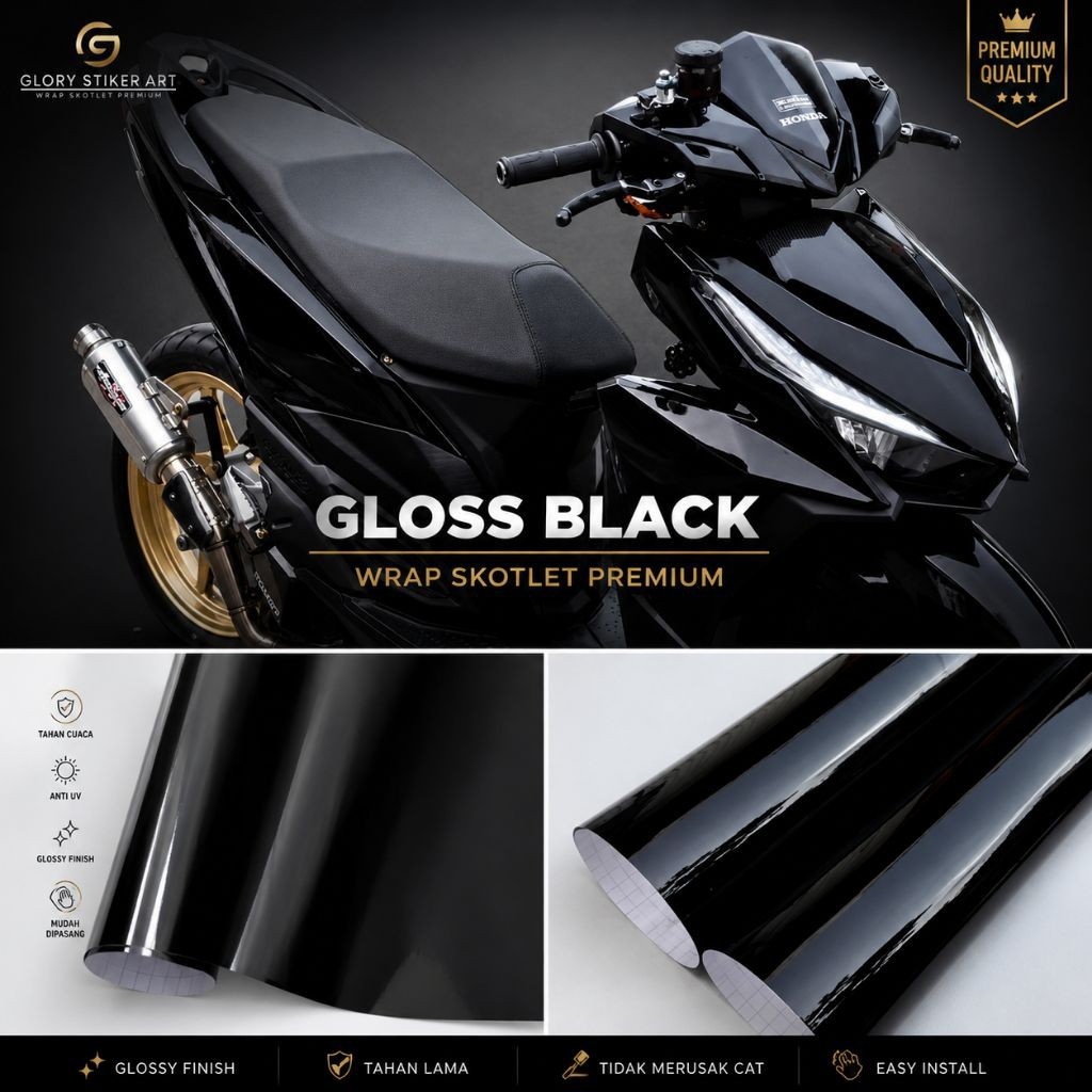 Stiker Skotlet Hitam Glossy Premium - Scotlite Black Gloss Mengkilap Skotlet Wrapping Body Motor dan