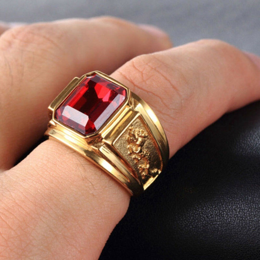 Cincin Pria Emas Merah Biru Hijau Hitam Permata Kristal Titanium Baja Vintage Naga Totem Fashion Per