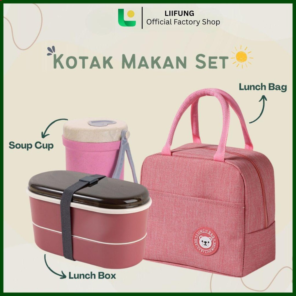 Lunch Box 2in1, 3in1 Lunch Box Set Kotak Bekal Makan Botol Minum, Lunch Bag Jerami Gandum Paket Kota