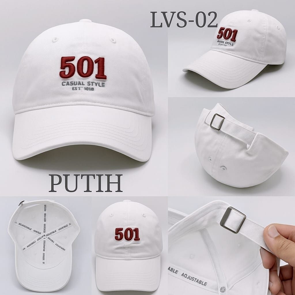 Topi Baseball LVS 501 Bordir Pria Wanita – Model Adjustable Putih Casual