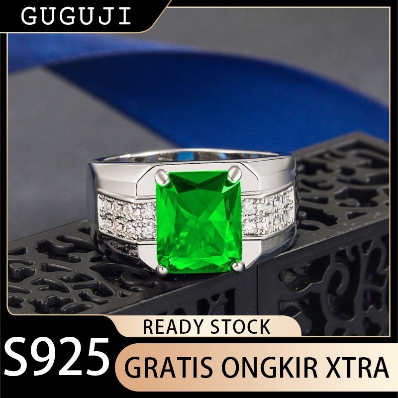 GUGUJI Cincin Zircon Hijau Zamrud Baru Fashion Trendy Cincin Pria Bisnis Dominan Berlian Baguette