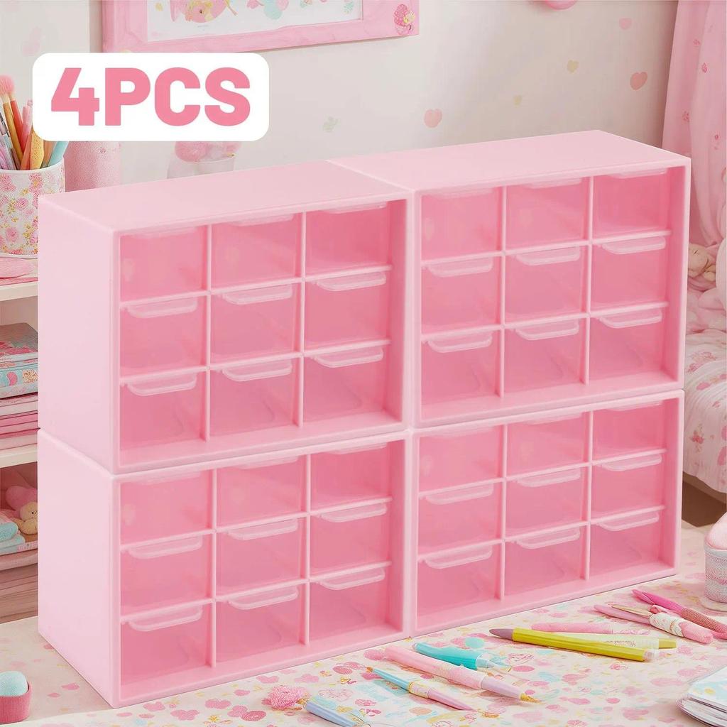 4-Pack Color-Coded Transparent Desktop Storage Boxes with 9 Mini Drawers for Jewelry Office Supplies