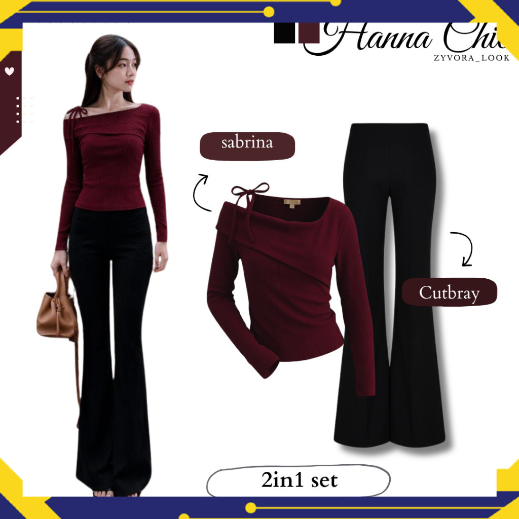 Hanna one set 2in1 [ Sabrina top knit, Cutbray Flare pants ] Outfit simple elegant | Outfit Hangout 