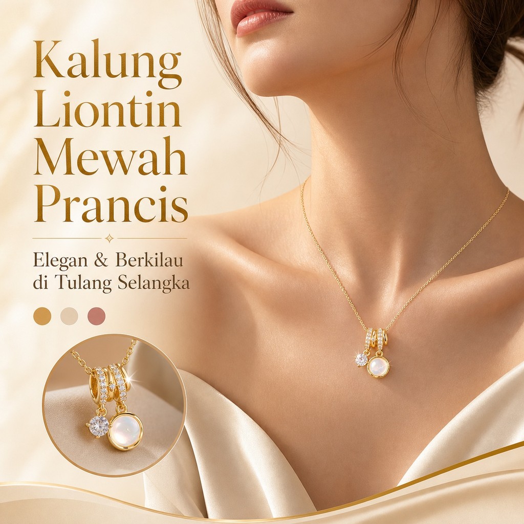 Kalung Wanita Multi Liontin Batu Opal Bulat & Kristal Rantai Stainless Steel Anti Karat Warna Emas A