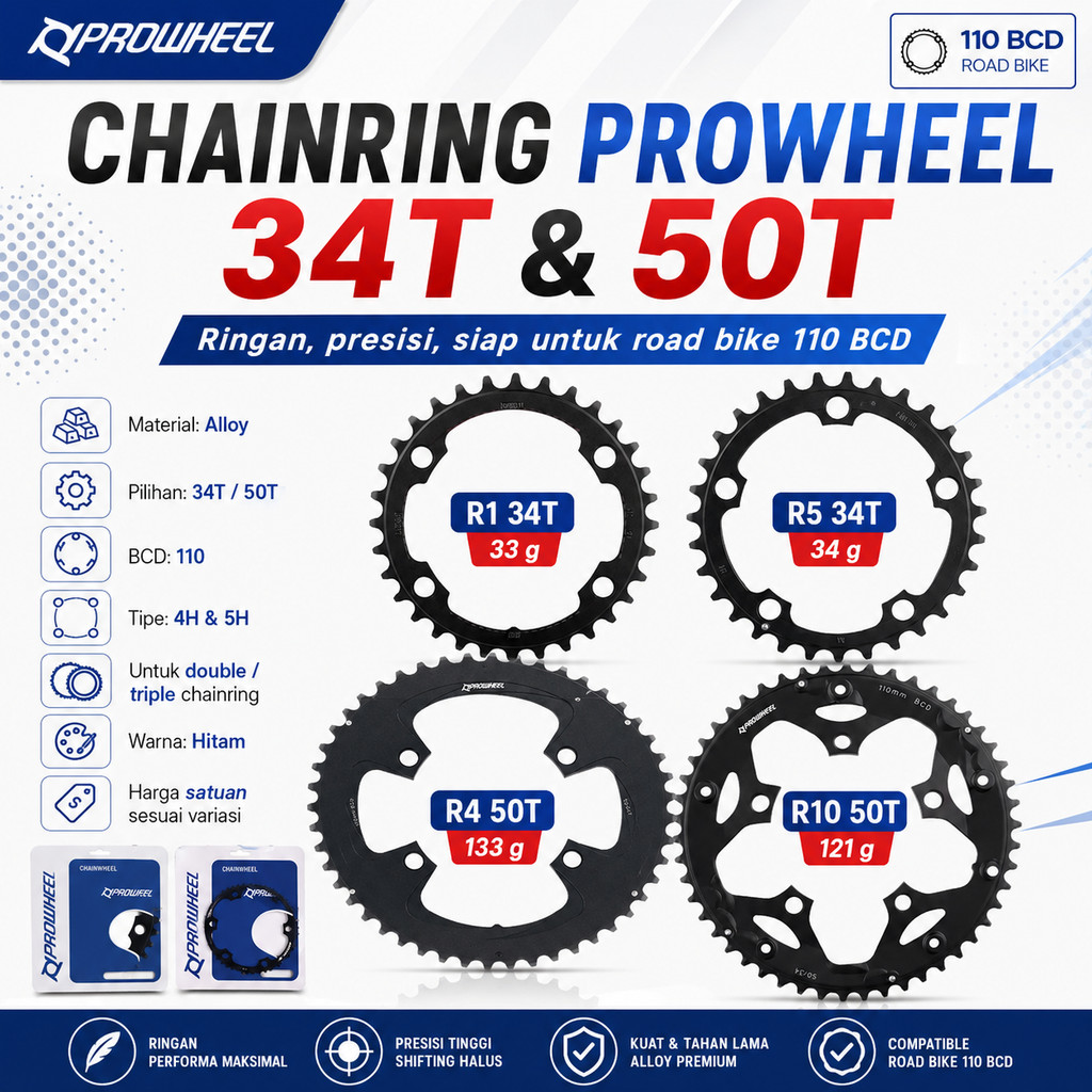 Prowheel Chainring Double Triple 110 50T Non BCD 34T Narrow Wide Chain ring 110BCD Alloy