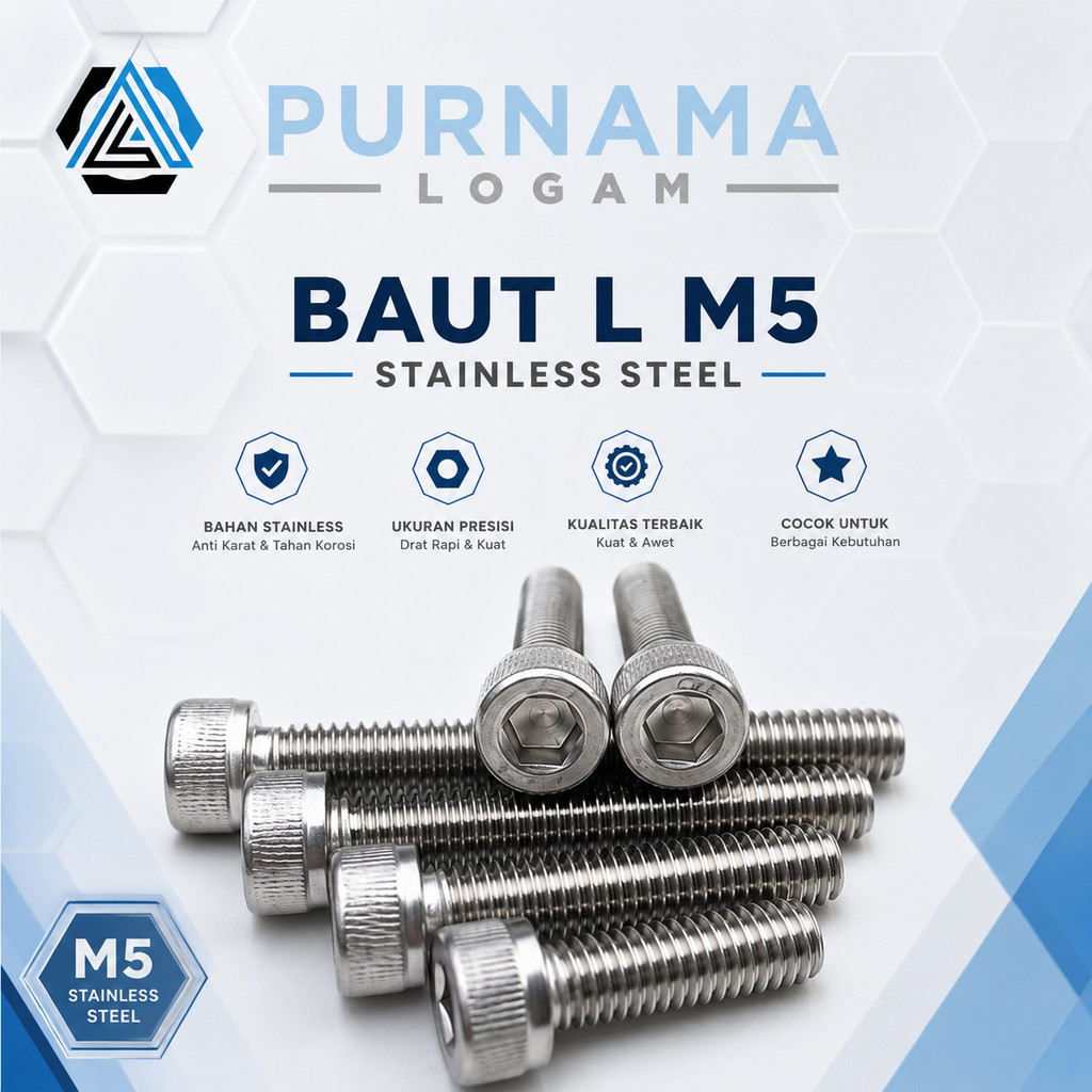 Baut L M5 x 10 ( Drat 8 Panjang 1cm ) Stainless 304 THE A2-70/ Drat 8/ Kunci L4