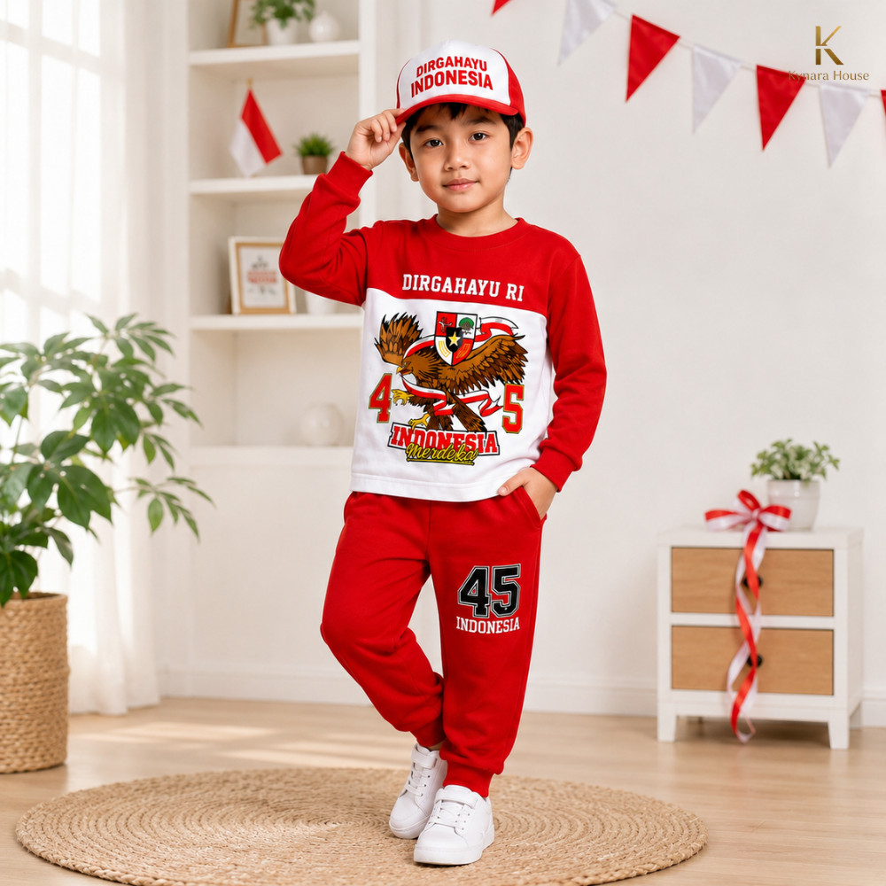 Setelan Baju Anak Merah Putih untuk Karnaval Kemerdekaan dengan Topi Gratis
