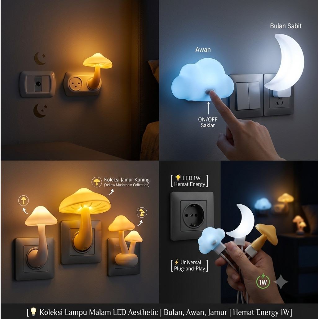 Lampu Kamar Tidur LED  Gelap On OFF Bentuk Hemat Energy 1W Bulan Sabit Awan Biru Jamur Kuning Pink Putih Moon Cloud Mushroom Cahaya Aesthetic Lampu Gelap Dapur Lorong Gelap Light Dekorasi Hadiah Anak Perempuan Cowok
