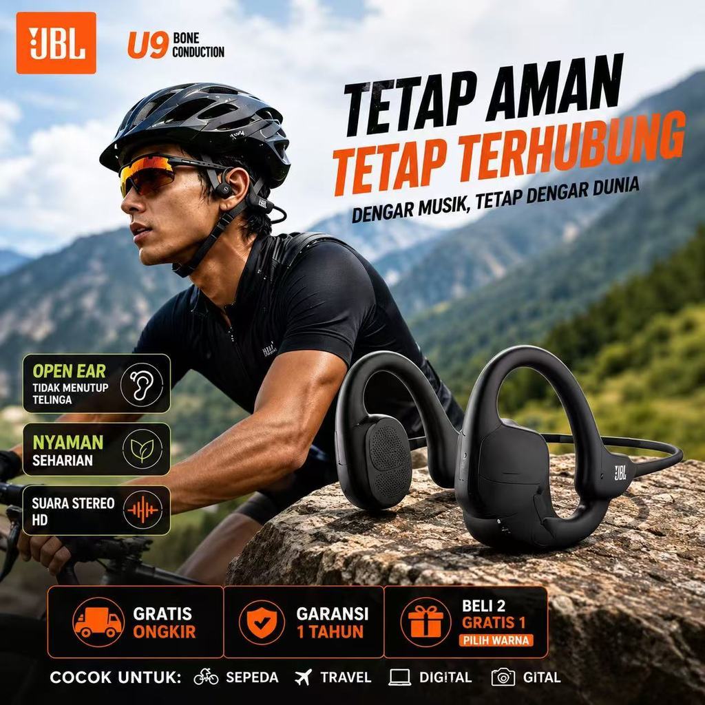 [Beli dua dapat satu gratis]Versi 2026 JBL U9 Bone Conduction Earphone BT5.2 IPX8 Tahan Air 16GB Ste