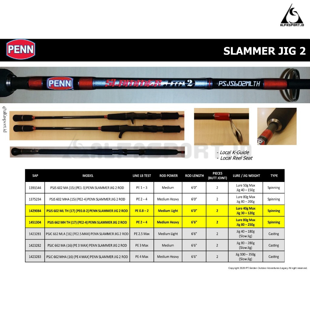 AlfaSport.Id Joran Pancing PENN Slammer Jig 2 C662ML PE 2.5 PE 3 Jigging Slow Jigging Overhead