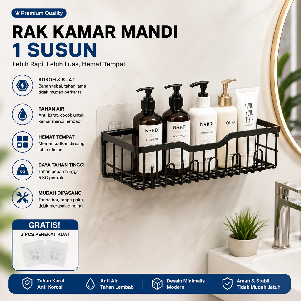 DDM Rak Kamar Mandi Jumbo Tempel Dinding Rak Besi Persegi Serbaguna Tanpa Bor