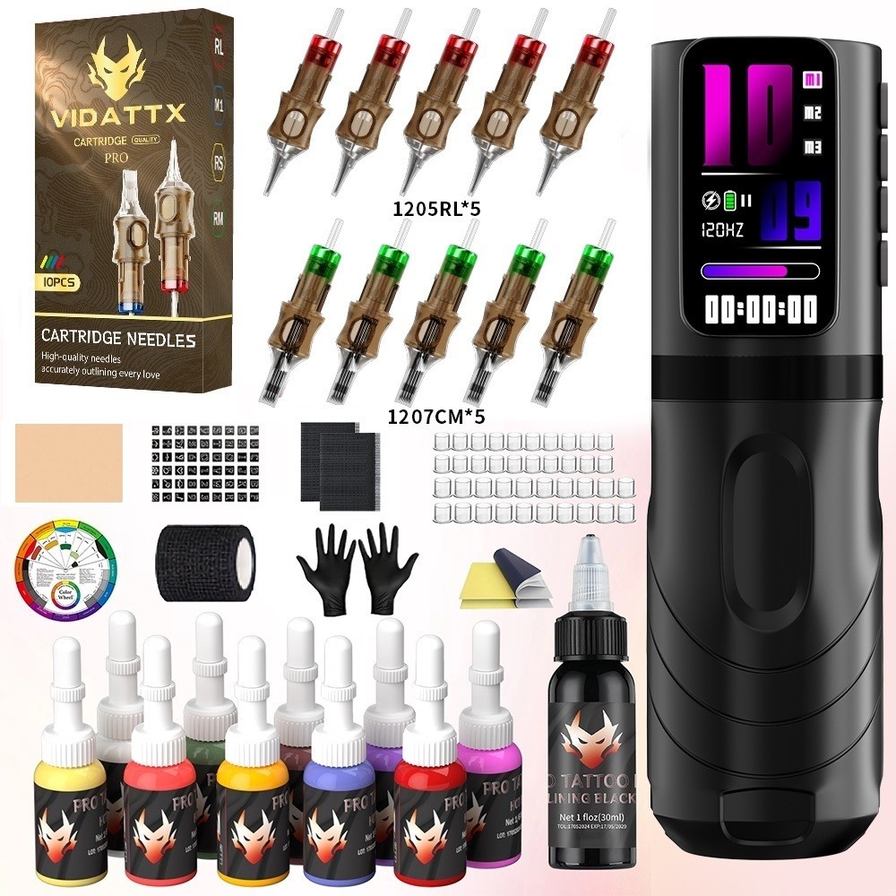 Kit Mesin Tato VIDATTX, Pena Tato Ringan, Jarum, Tinta dan Perlengkapan Tato Lainnya Cocok untuk Pem