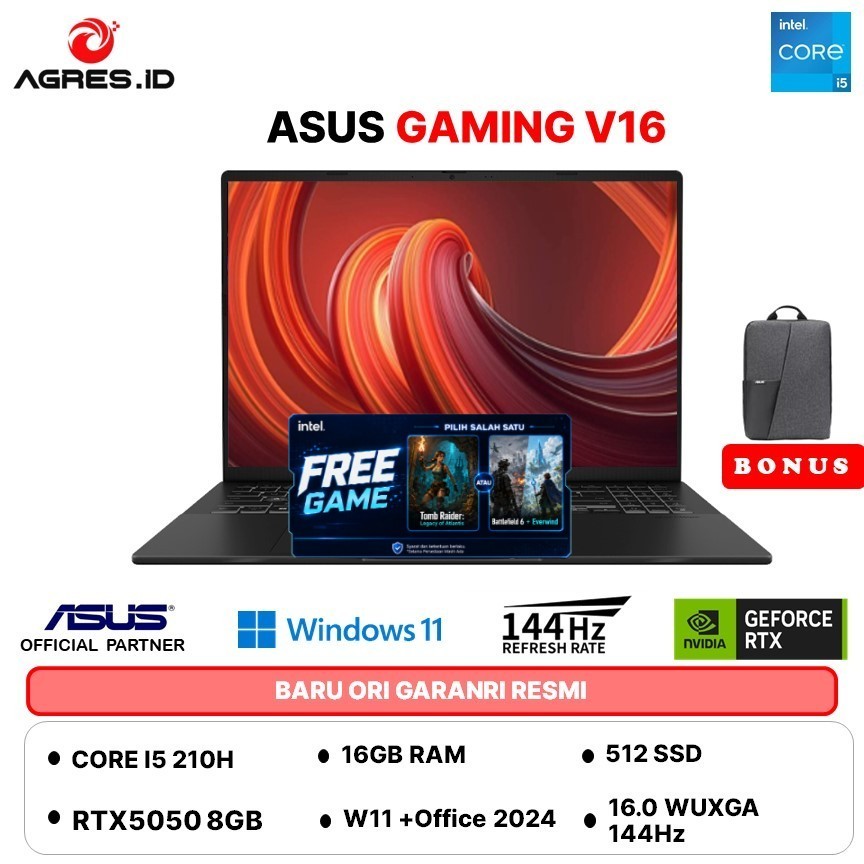 ASUS GAMING V16 V3607VH CORE I5 210H RTX5050 8GB - 16GB 512GB W11+OHS 16.0WUXGA 144HZ  -I5N55B6T-HM